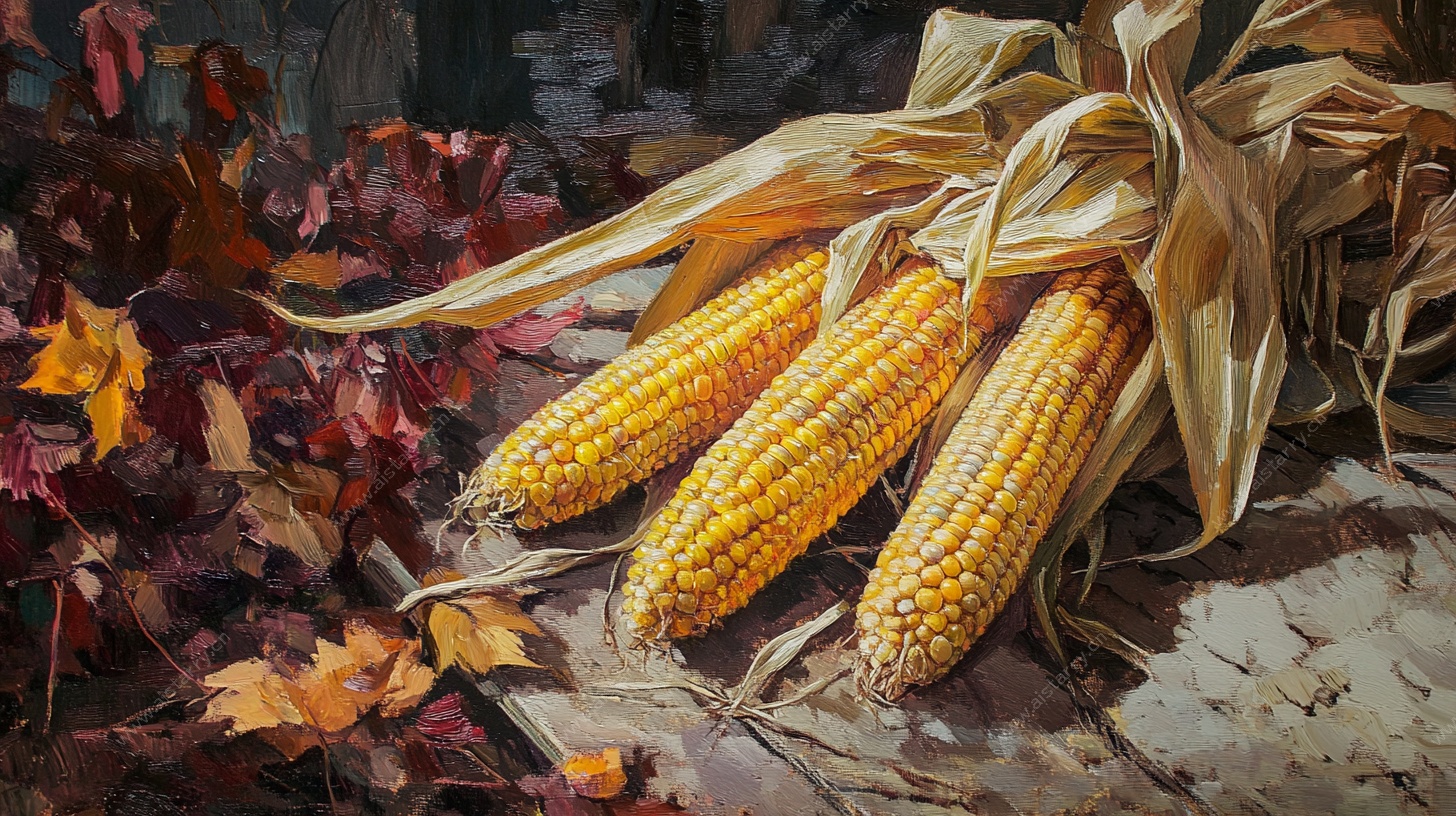 秋日玉米静物油画