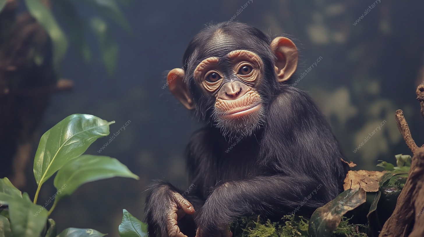 可爱黑猩猩坐于绿植间