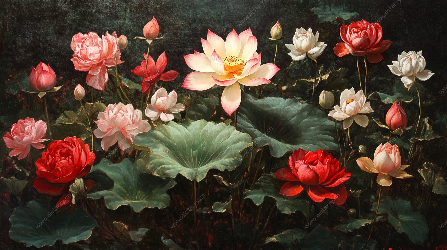 绽放的多彩荷花油画