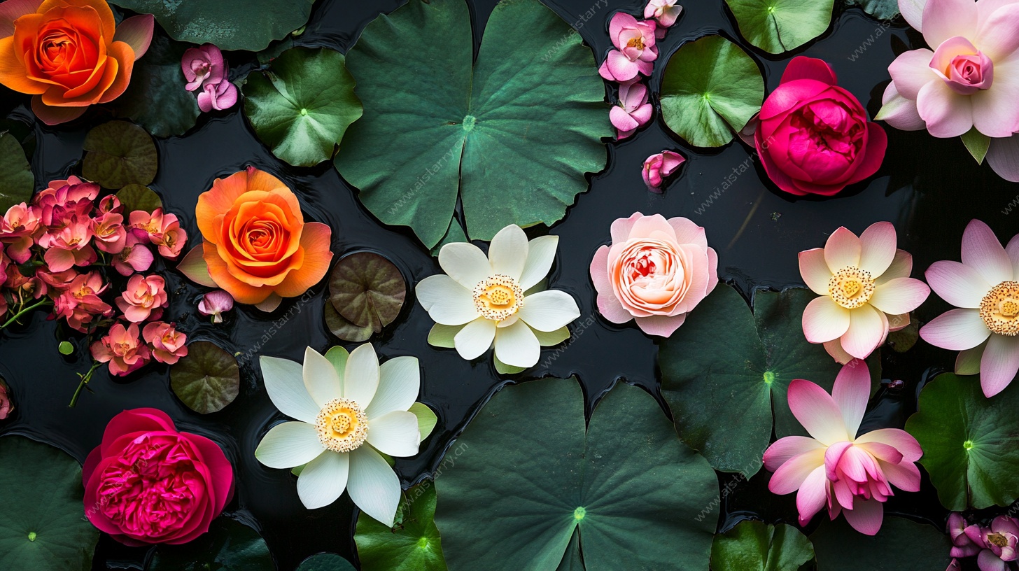 多彩花卉与荷叶的梦幻组合