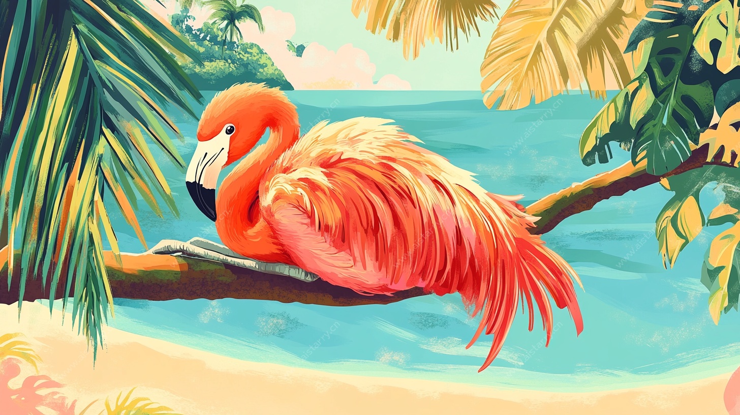 火烈鸟栖息于热带风光中