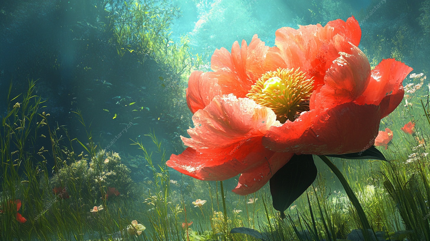 水下绽放的艳丽红牡丹