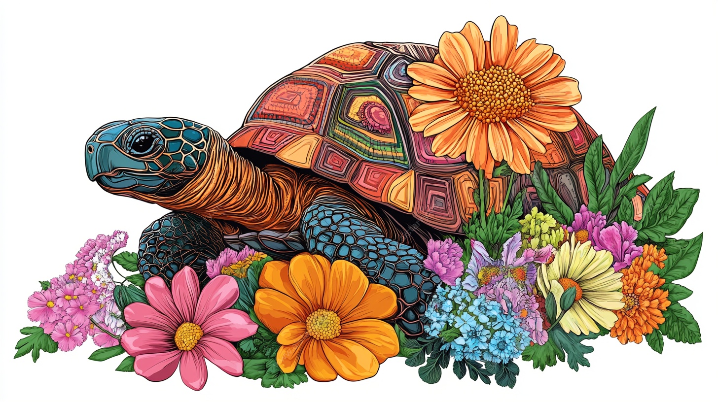 彩绘乌龟与缤纷花卉