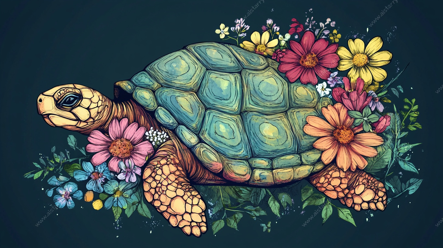 彩花环绕的可爱海龟插画