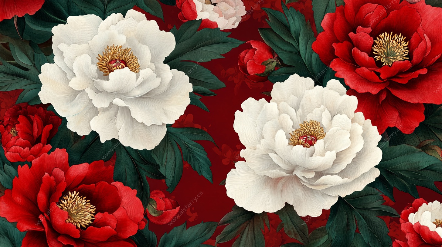 红白牡丹花卉图案