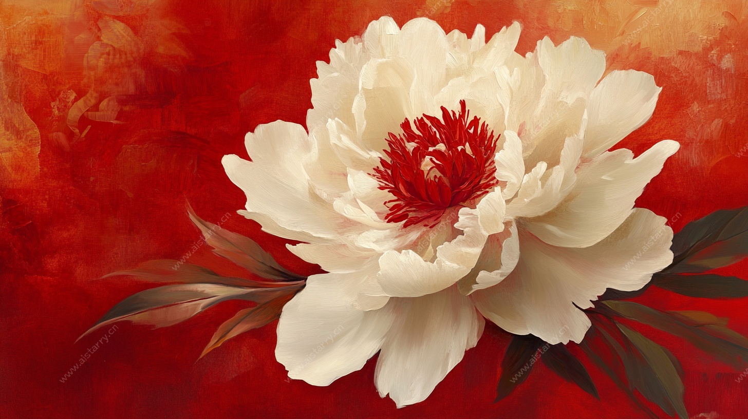 红底白牡丹艺术插画