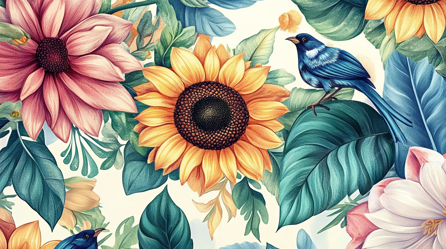 花卉与鸟的缤纷插画