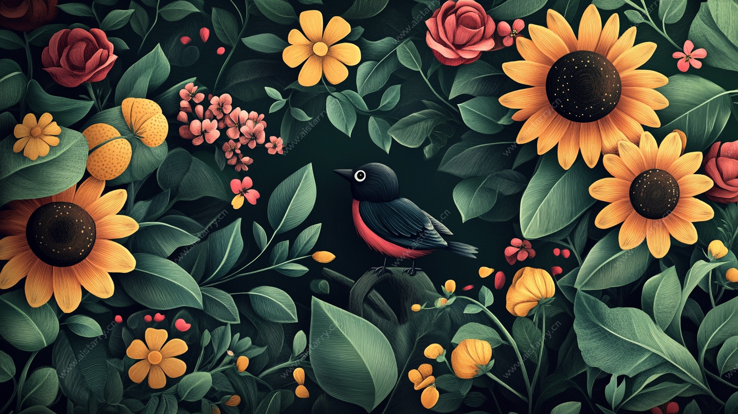 花丛中的小鸟插画