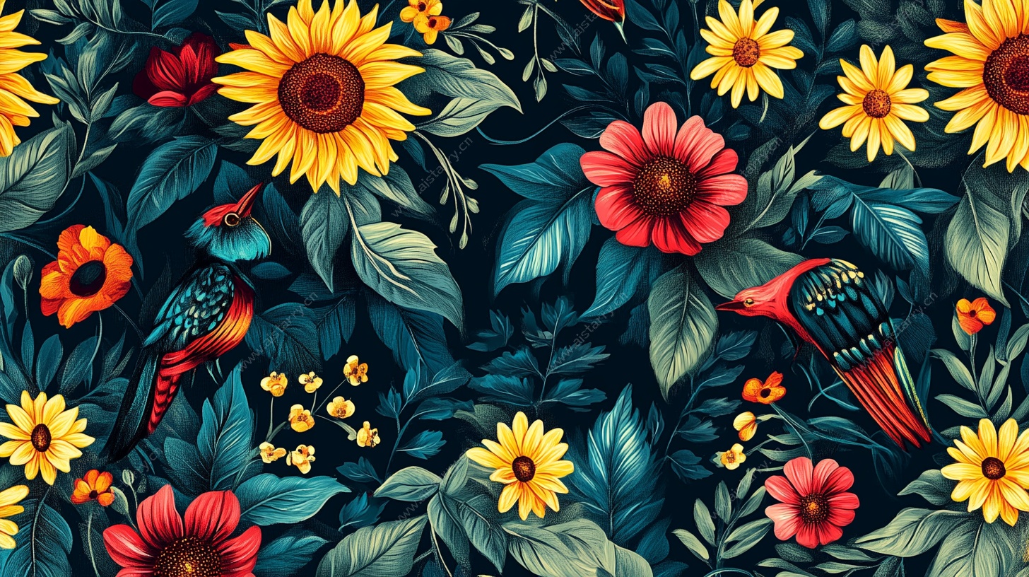 花卉与飞鸟的绚丽图案