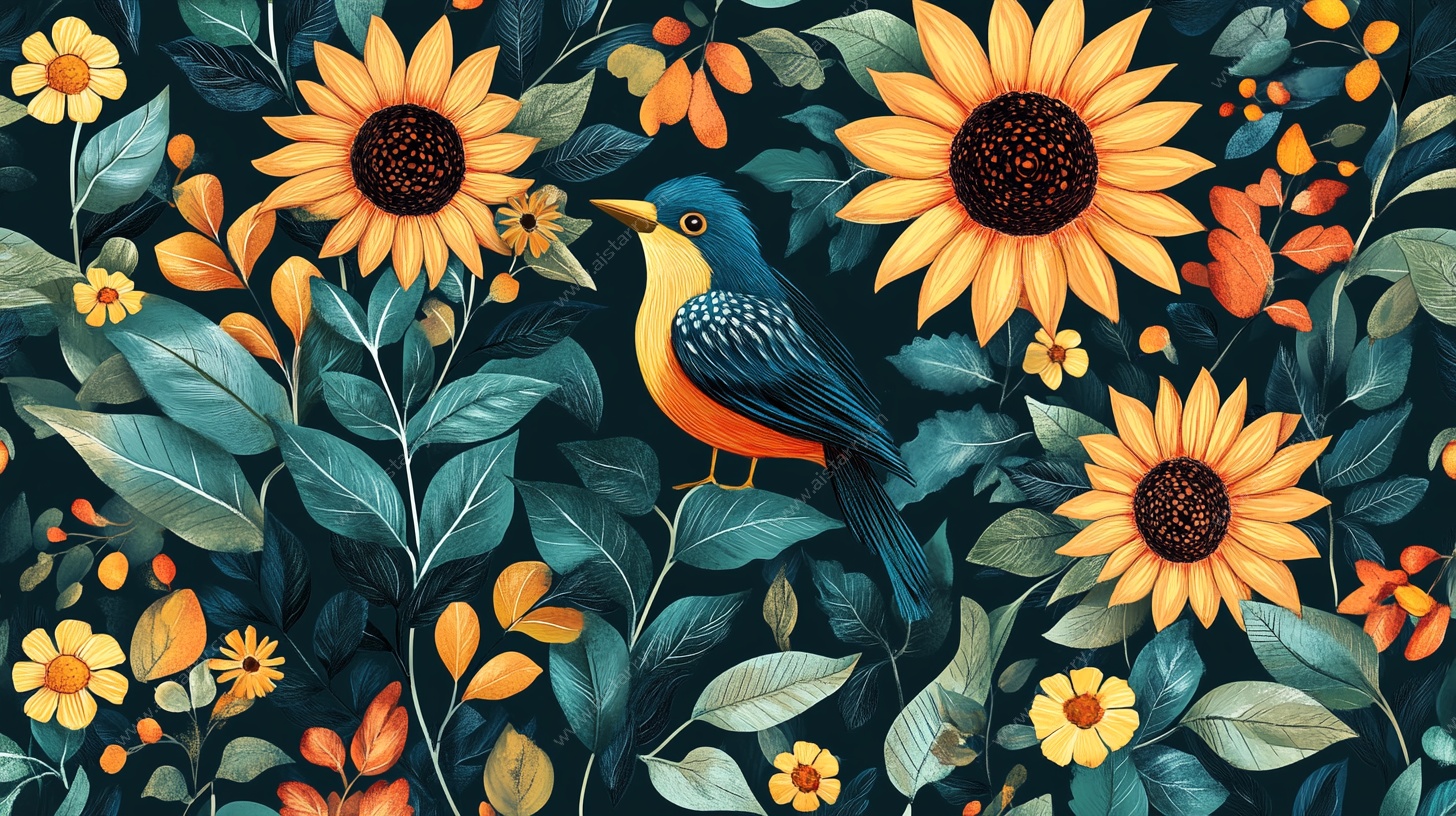 向日葵间的灵动鸟儿