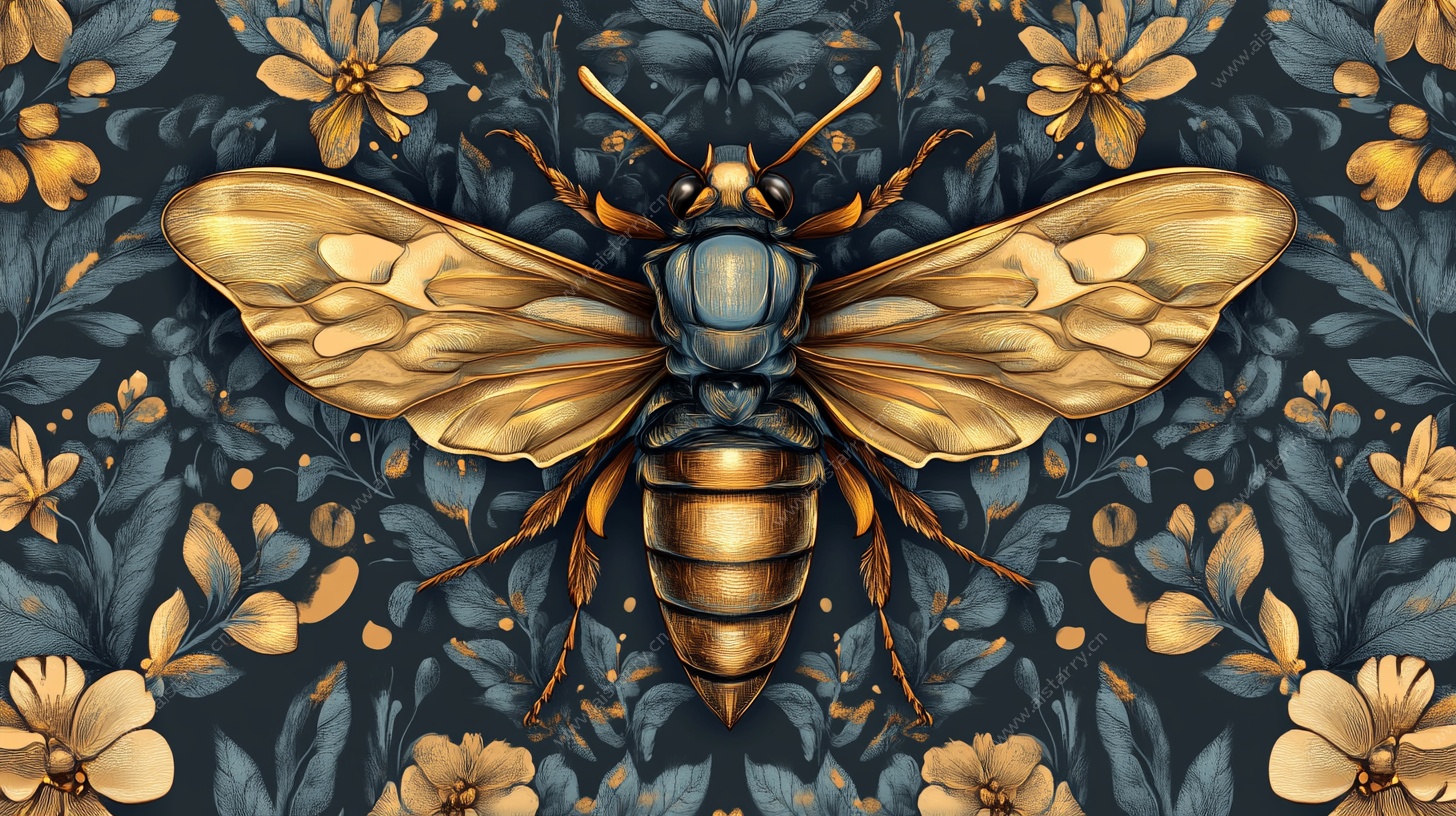 金色蜜蜂与花卉图案插画