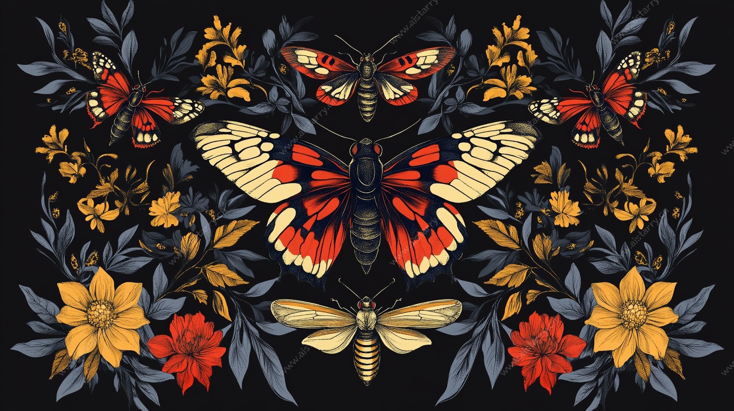 花卉间的多彩蝶蜂图案