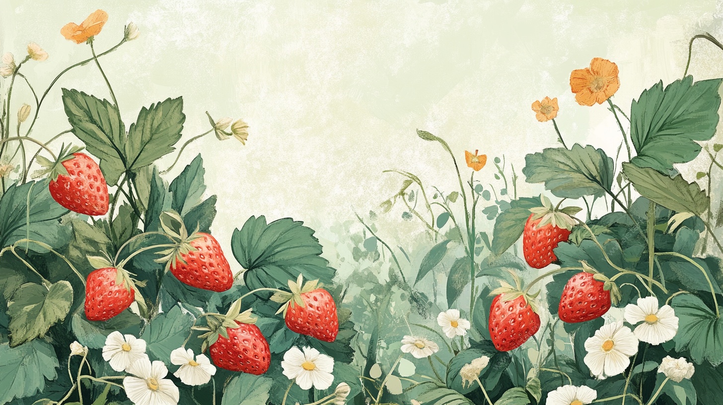 草莓花丛中的田园景致