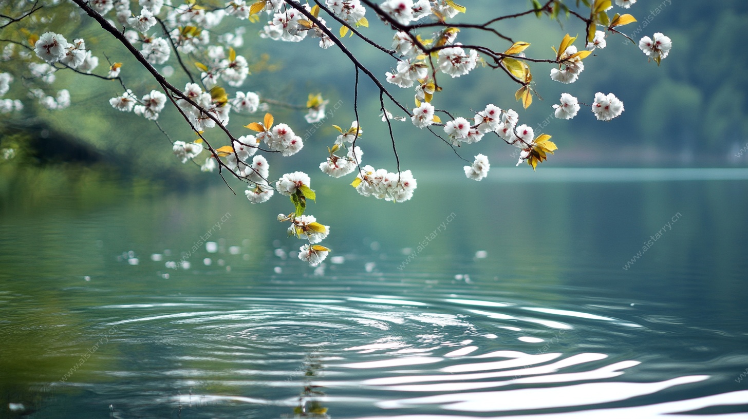 湖畔樱花垂落美景