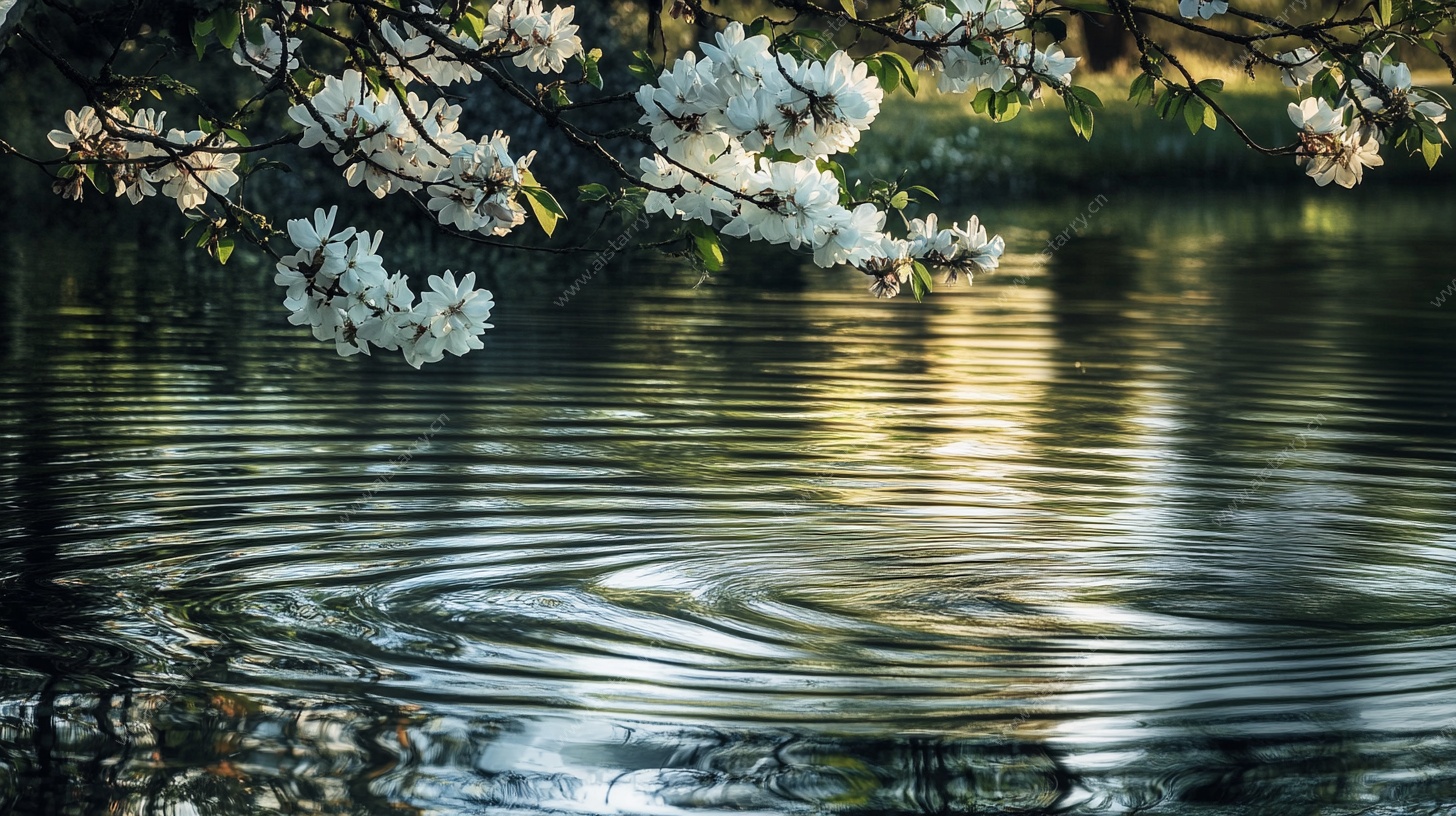 湖畔繁花映水景