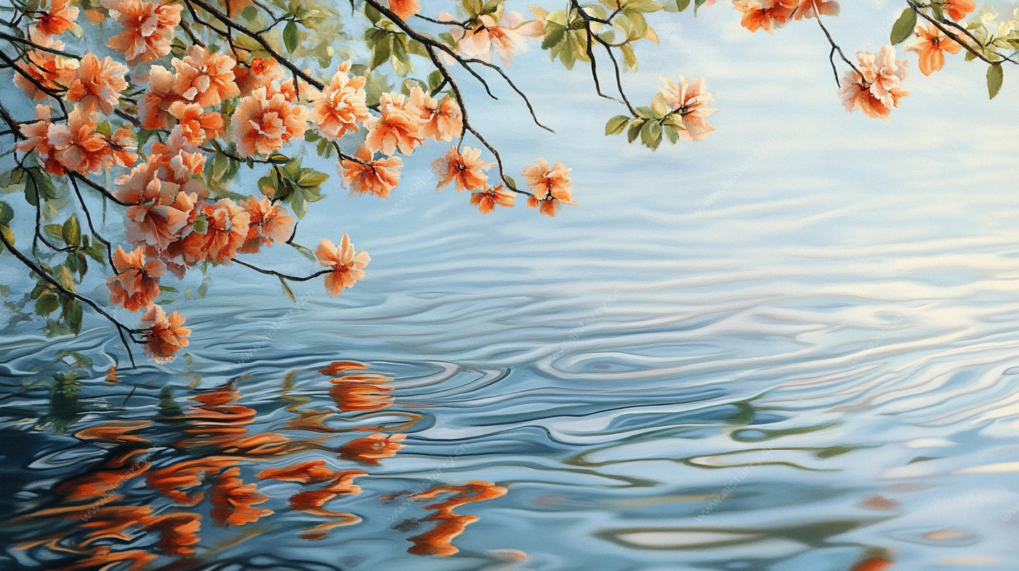 枝头繁花映水景