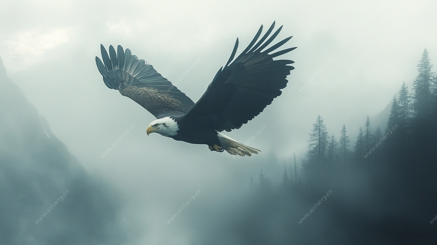 翱翔的雄鹰于山林云雾间
