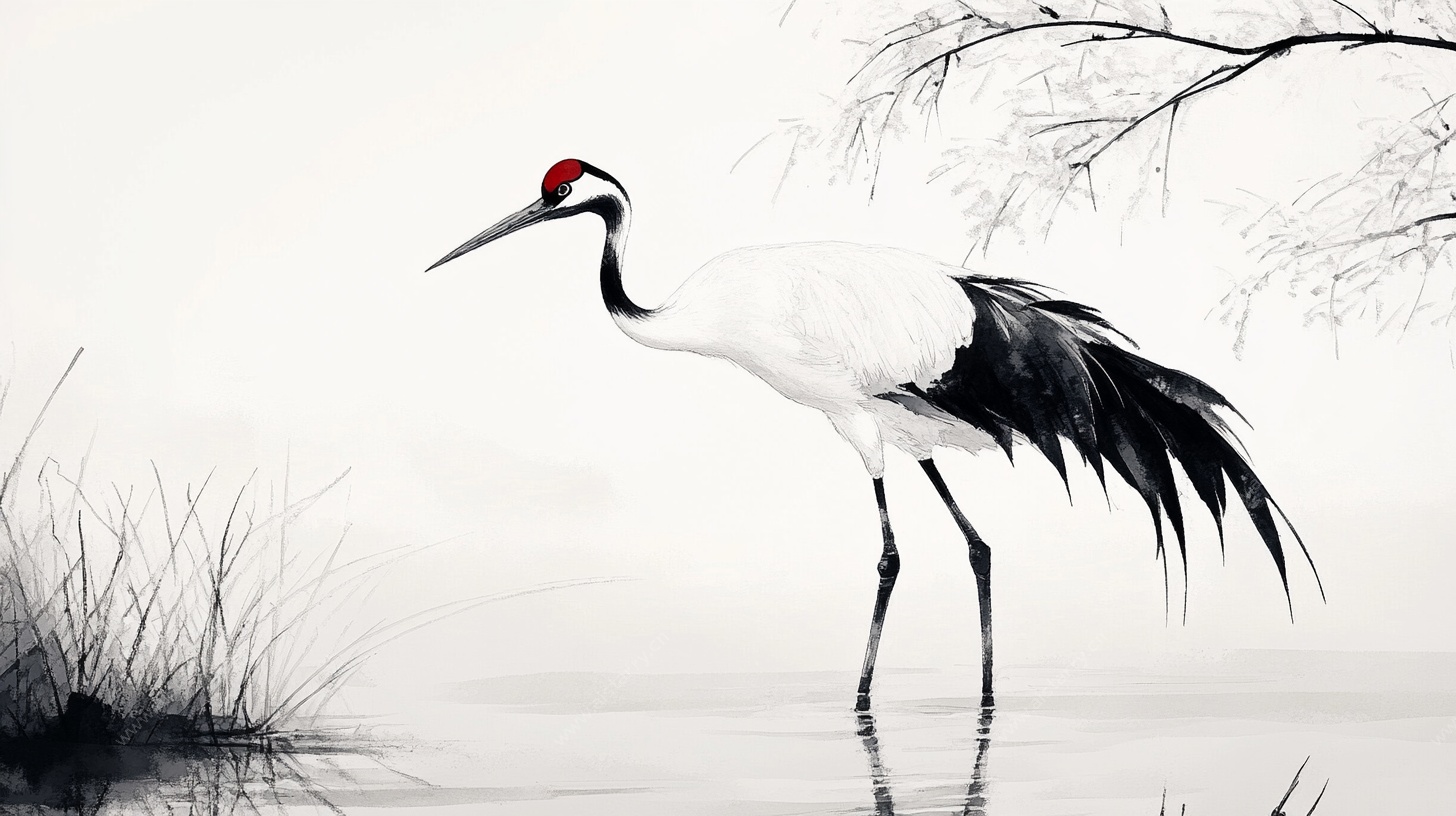 水墨丹顶鹤独立湖畔图