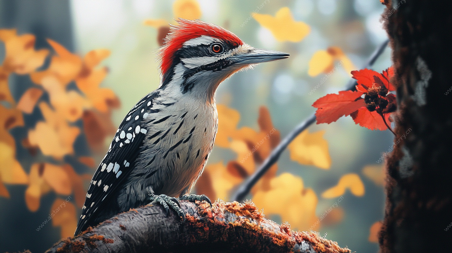 红冠啄木鸟栖于秋枝间