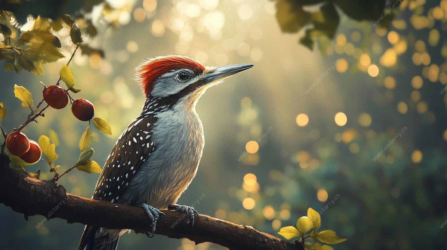 阳光中的啄木鸟栖于枝头