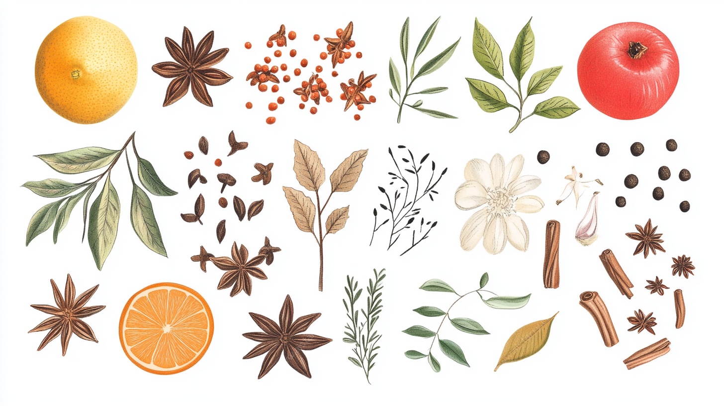 多彩香料与鲜果插画集合