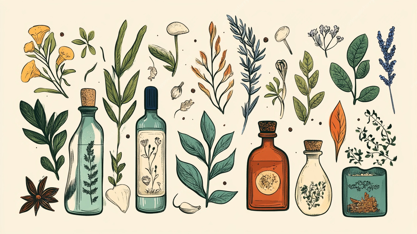 手绘草本植物与药瓶插画