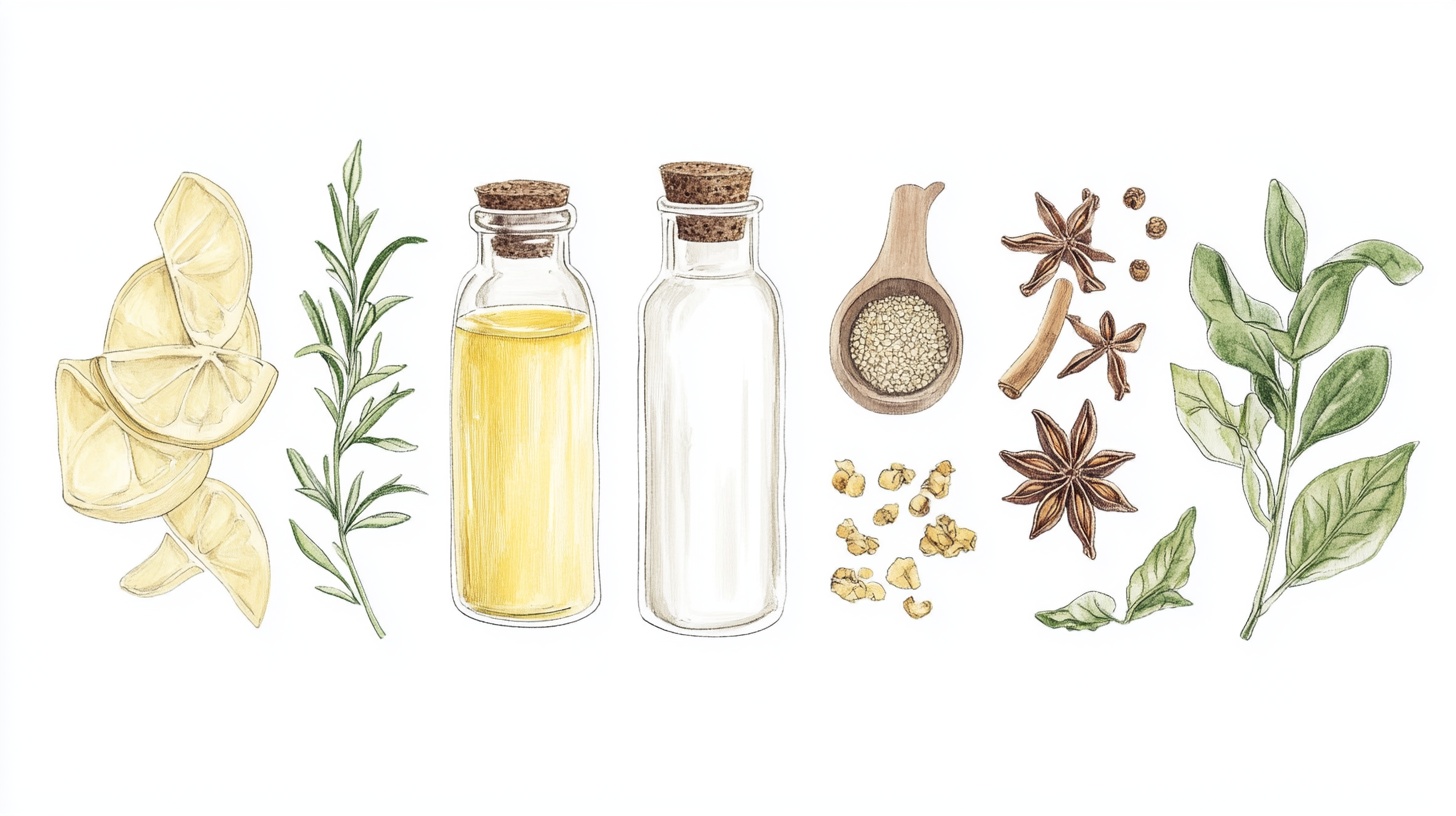 手绘调料瓶与香料组合图