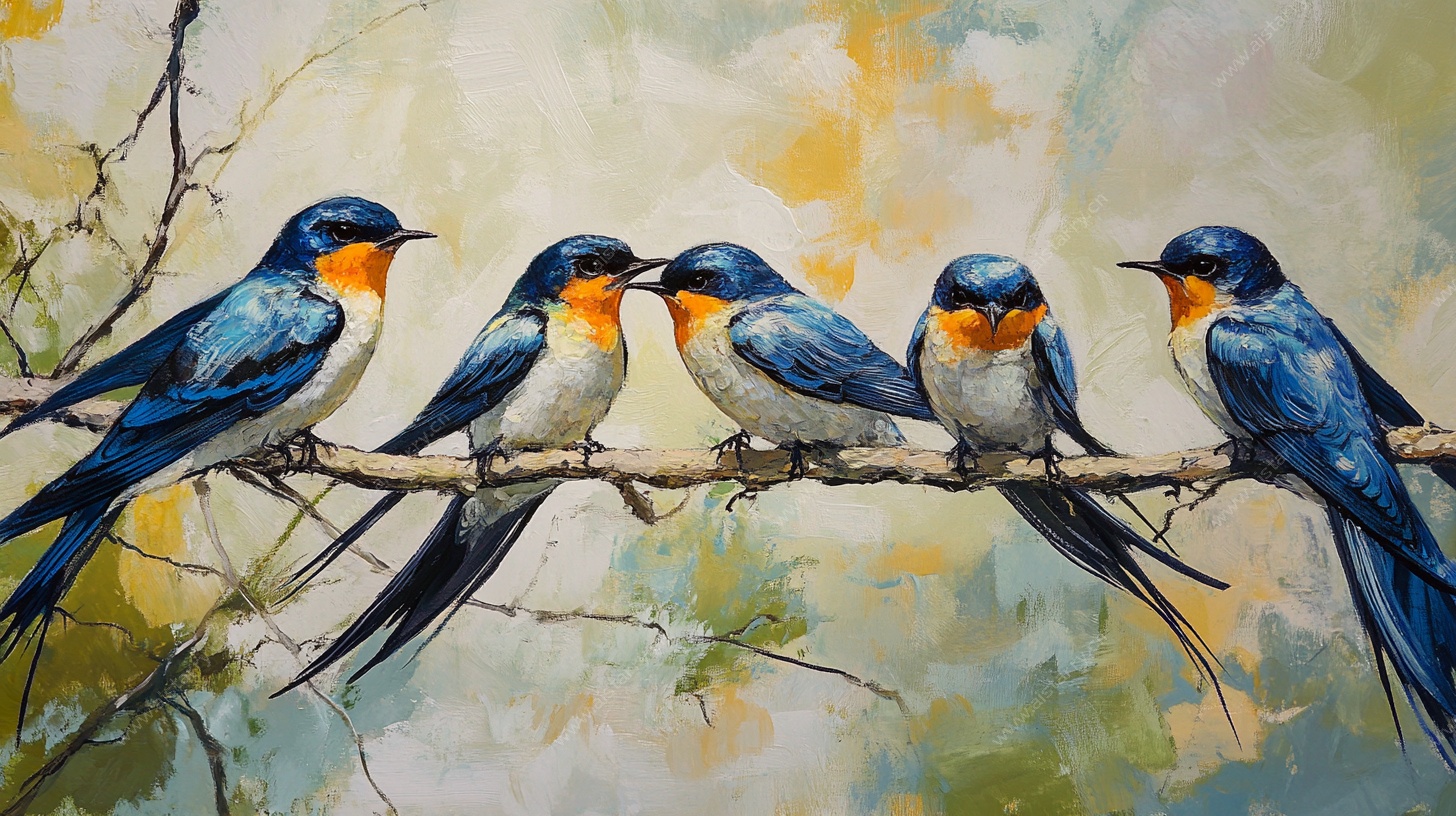 五只燕子栖于枝头油画