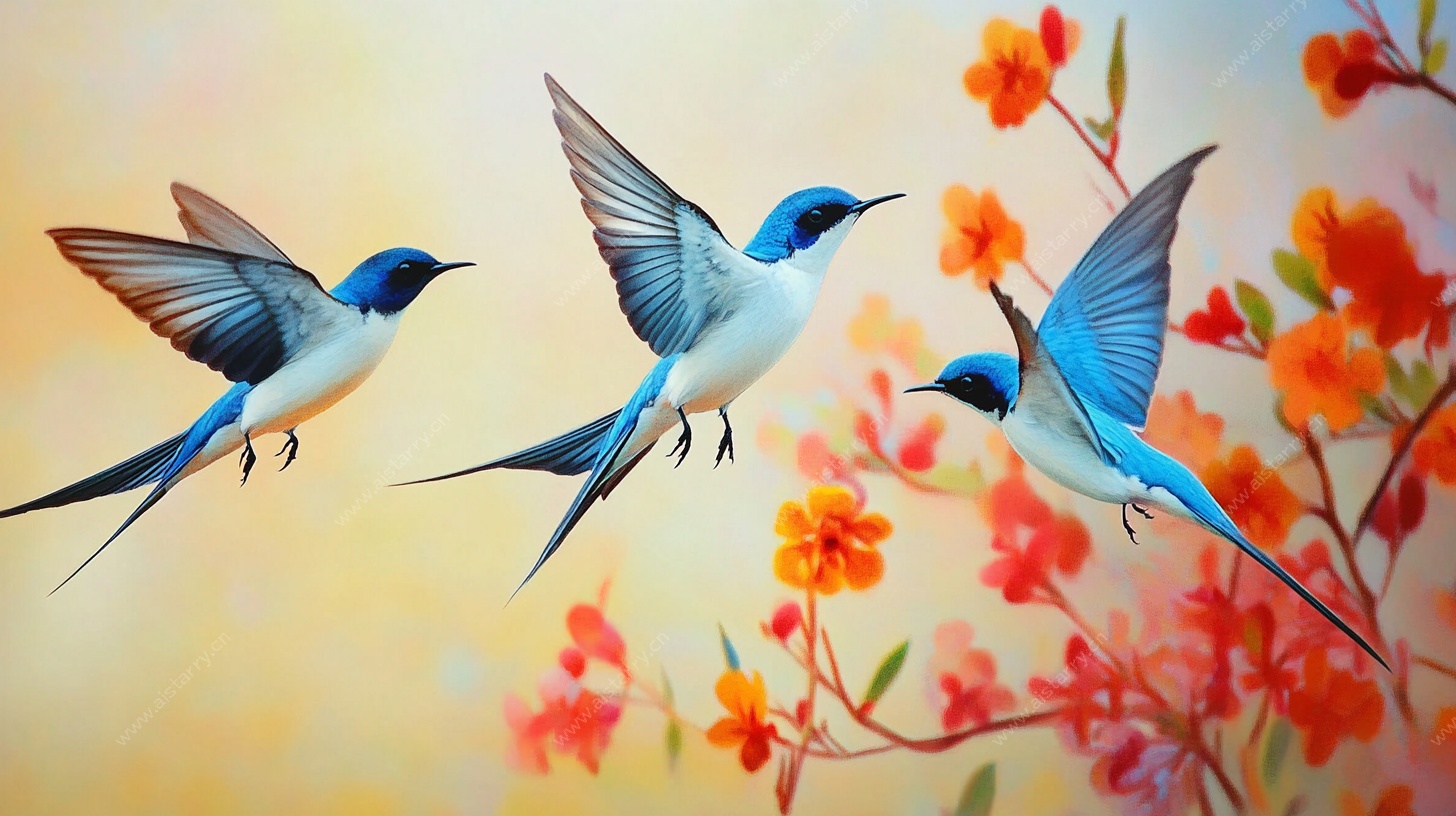 三只燕子花丛间飞舞图