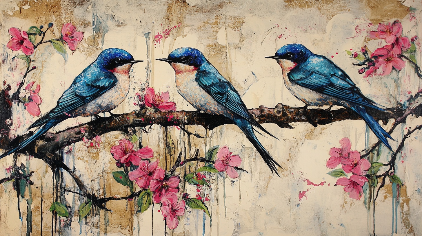 三只蓝鸟栖于繁花枝头