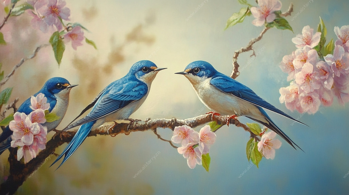 蓝鸟栖于繁花枝头图