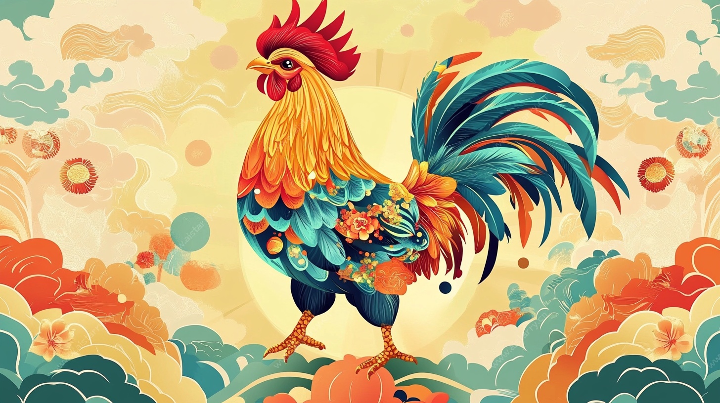 雄鸡耀彩国风插画