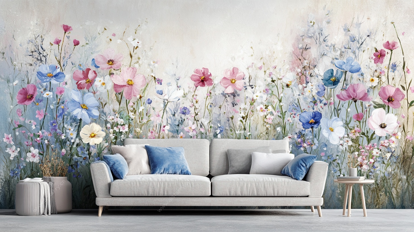 花卉墙绘客厅沙发背景图