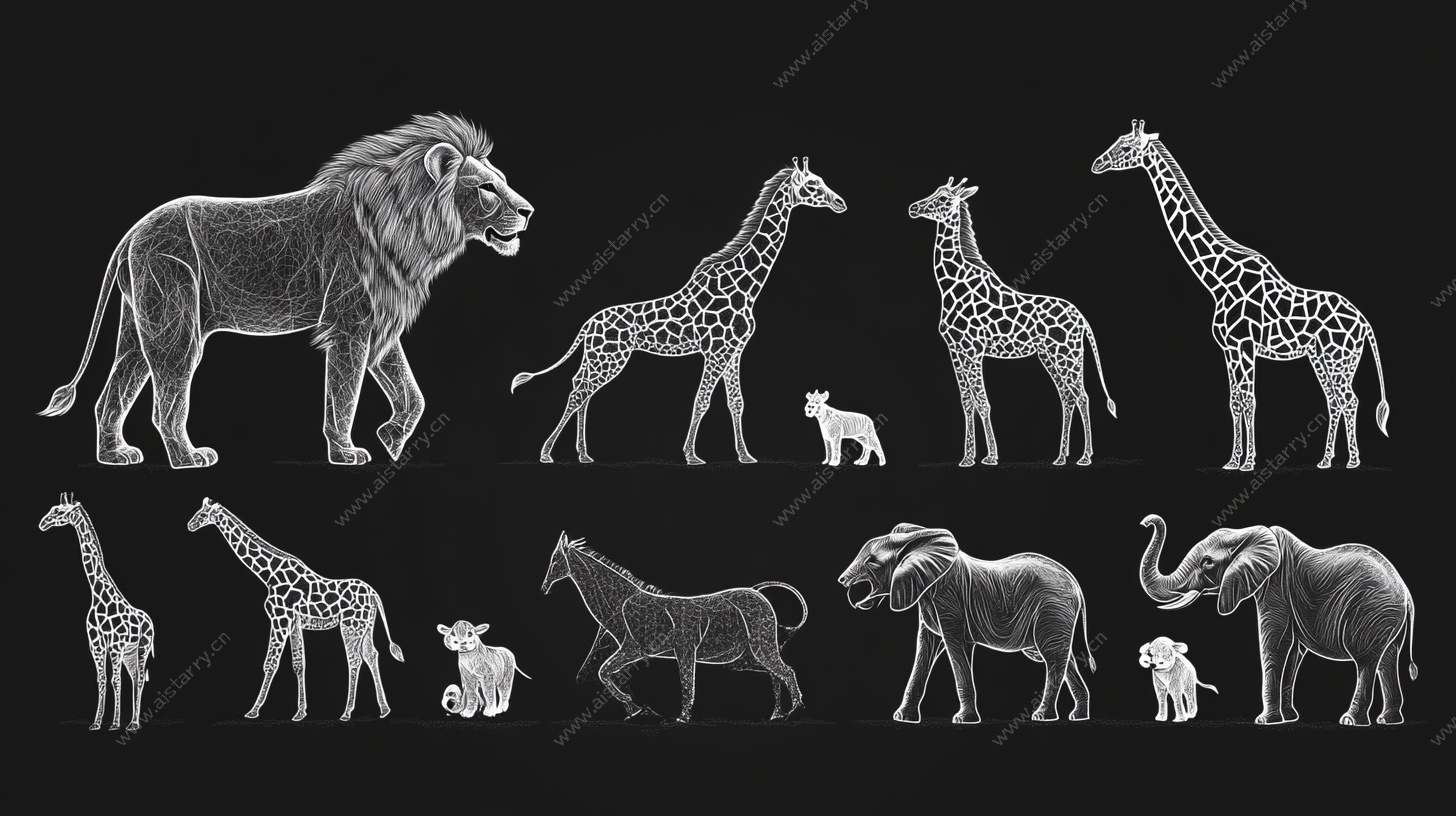 黑白手绘野生动物集合