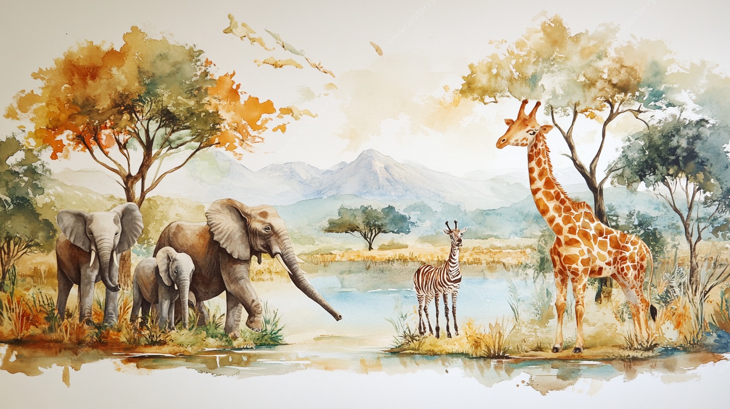 水彩绘非洲草原动物图景