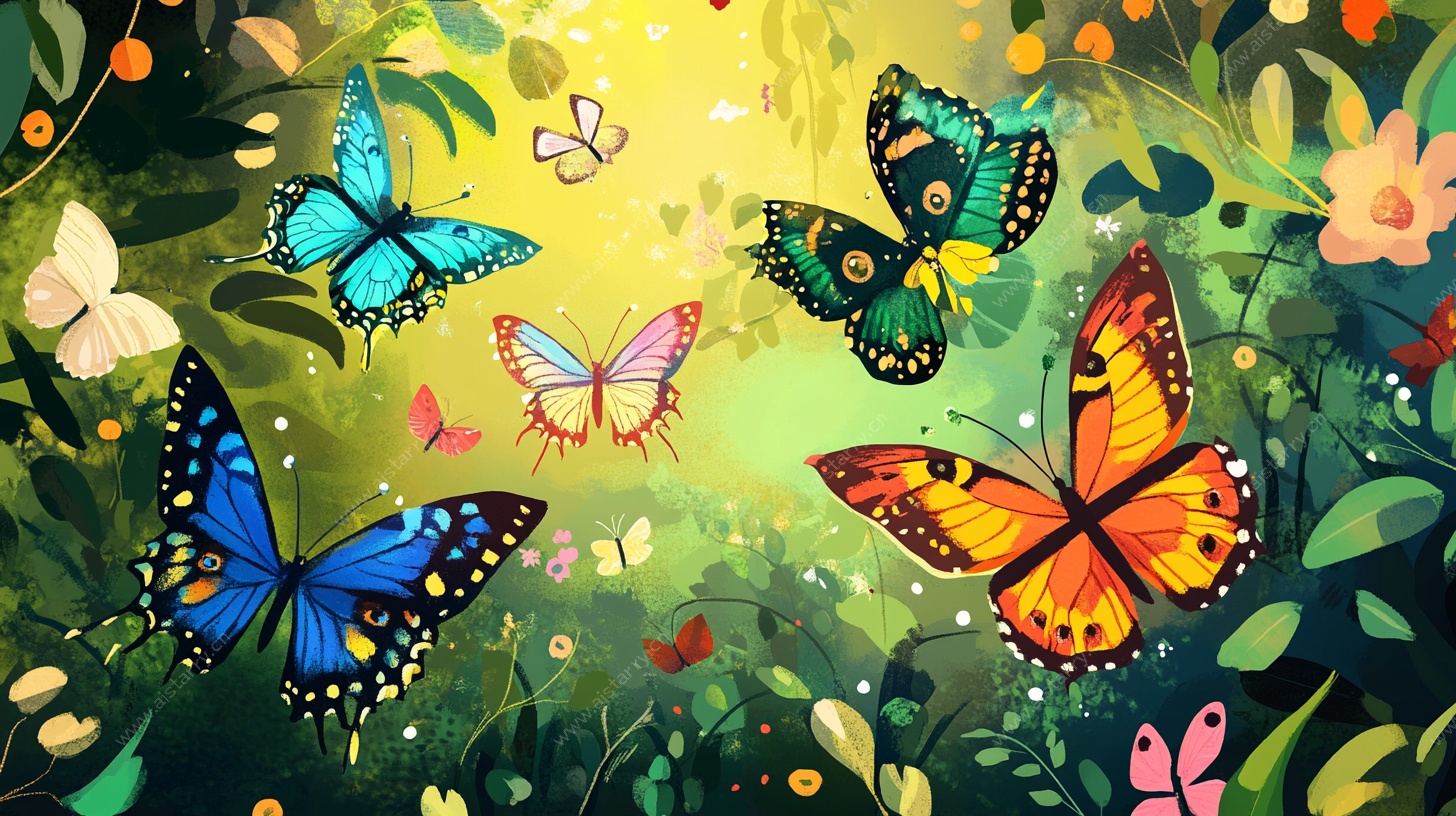 多彩蝴蝶飞舞的梦幻花园
