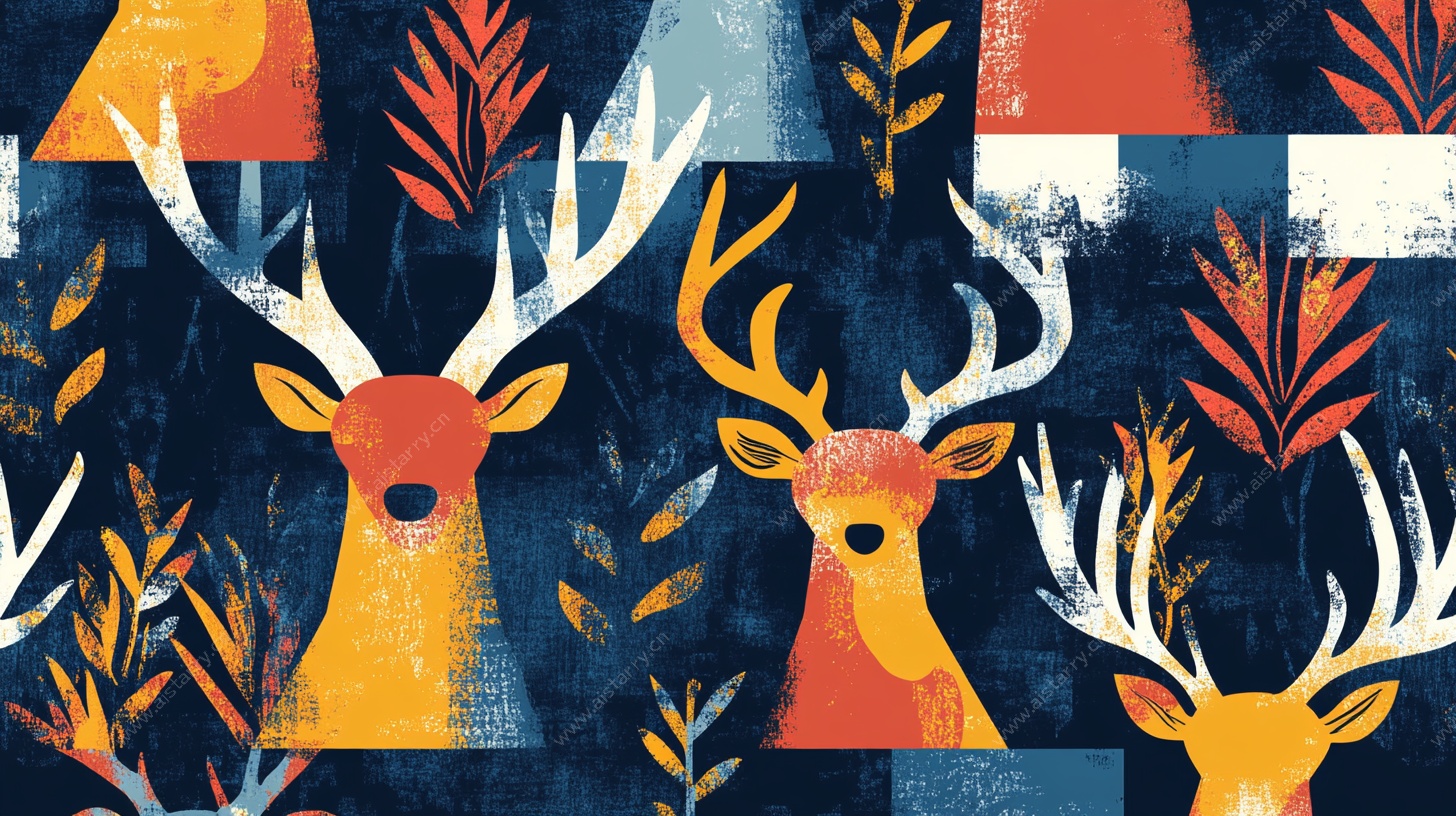 几何风鹿与植物图案背景