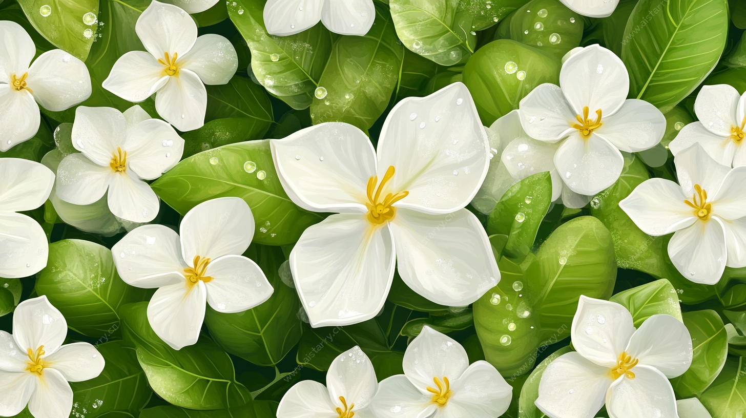 白色花卉绿叶背景图案