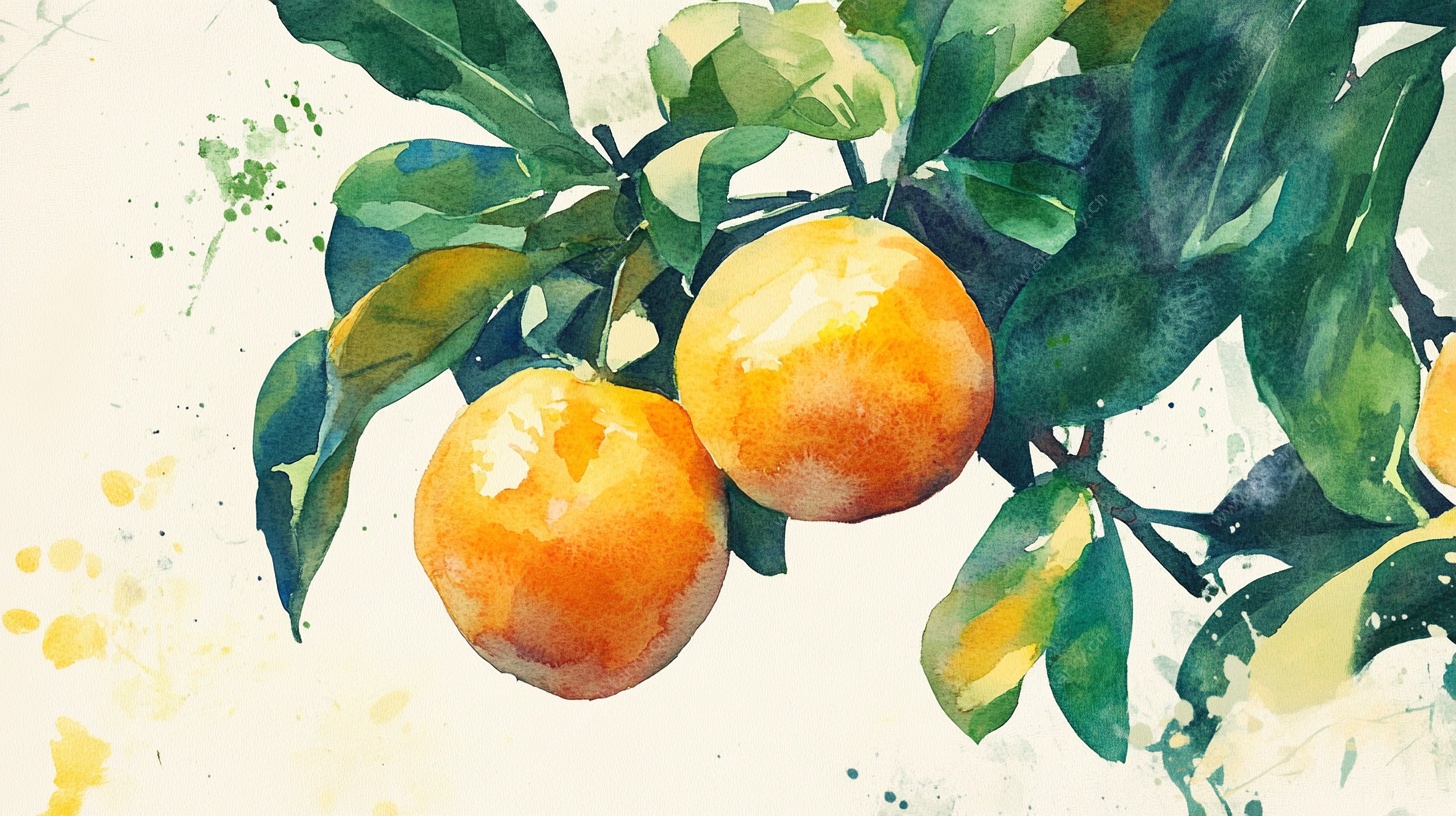 水彩绘枝头双橘