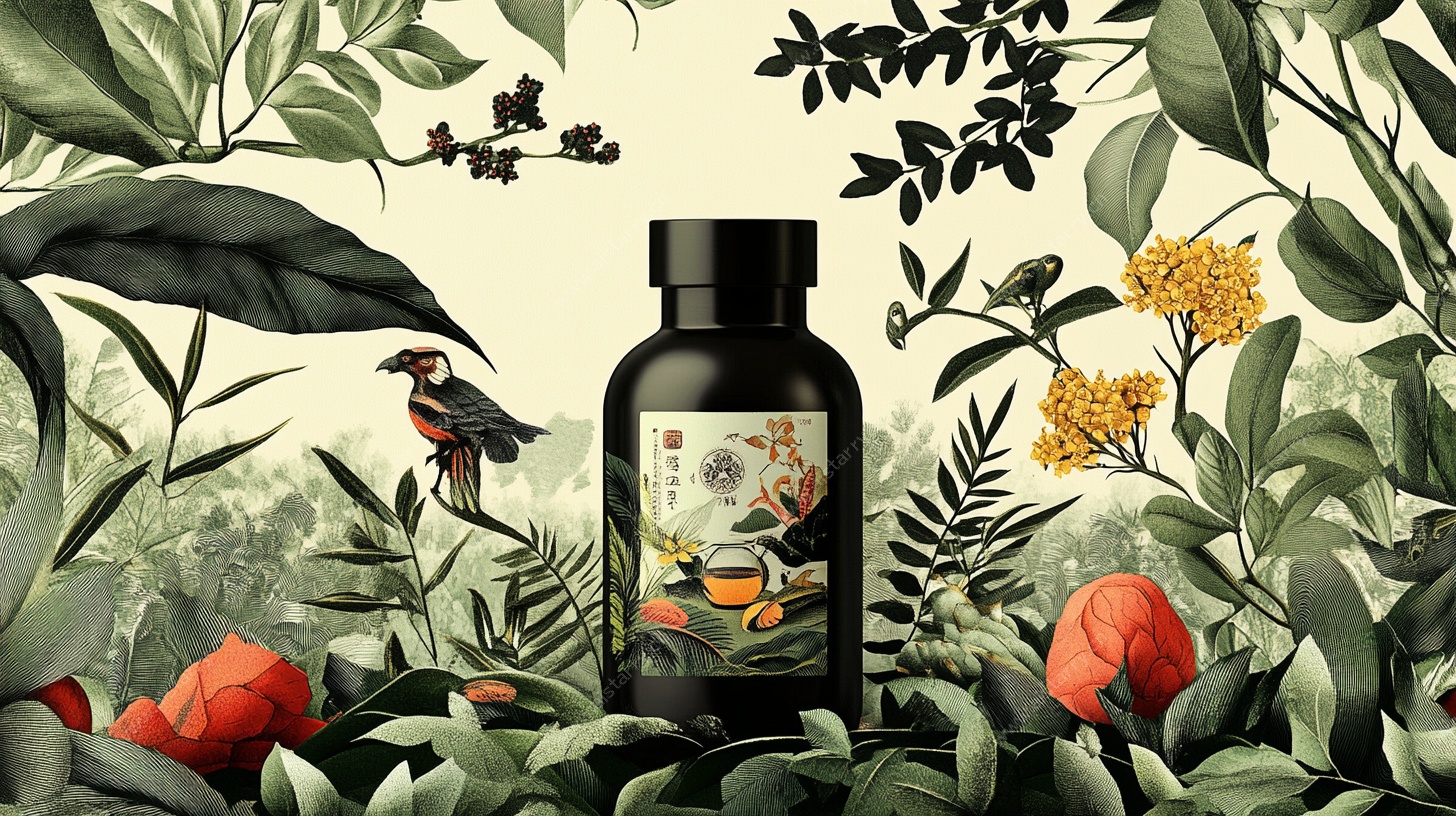 植物环绕的精美药瓶插画