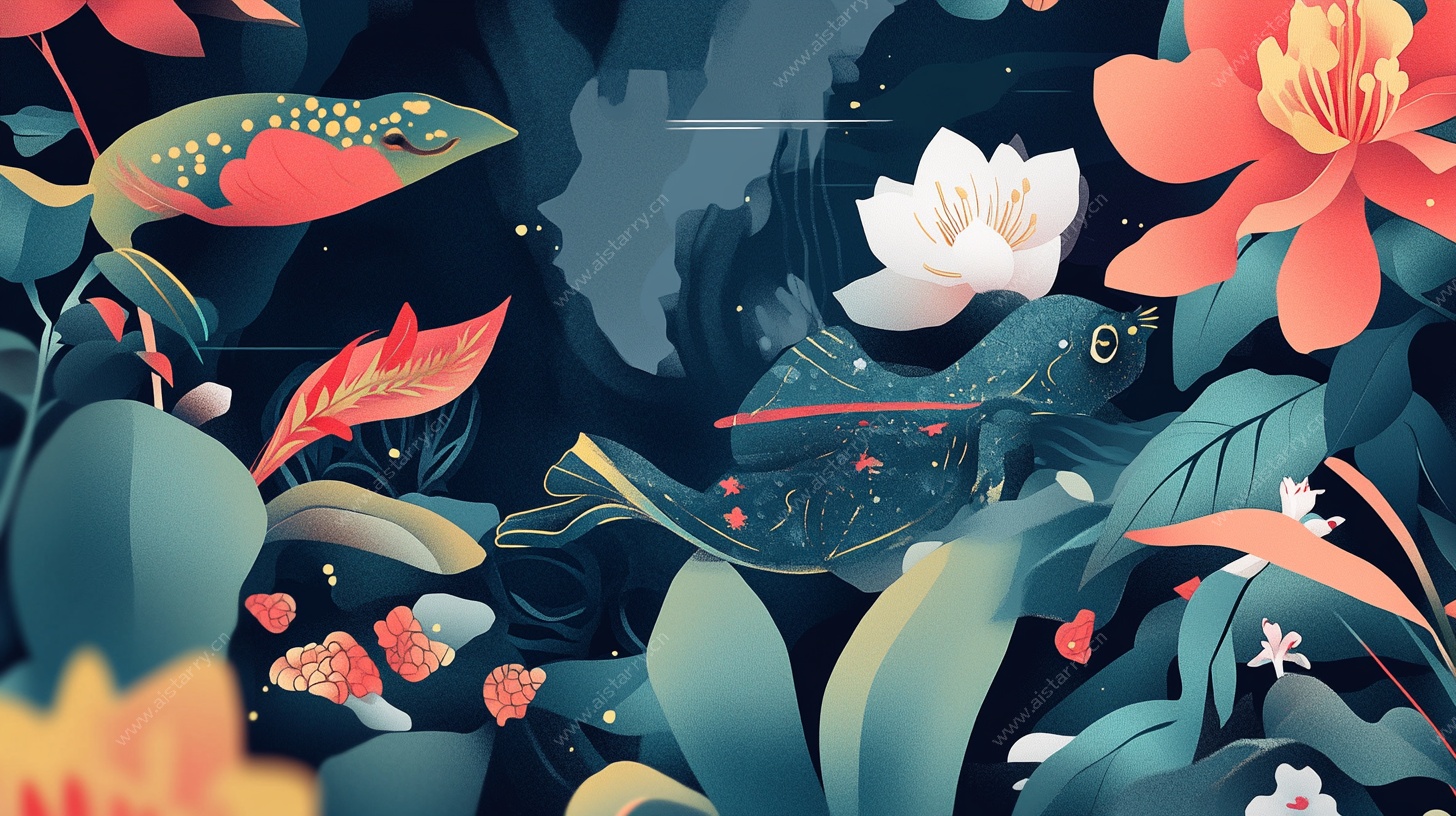 夜潭中的奇幻花鸟世界