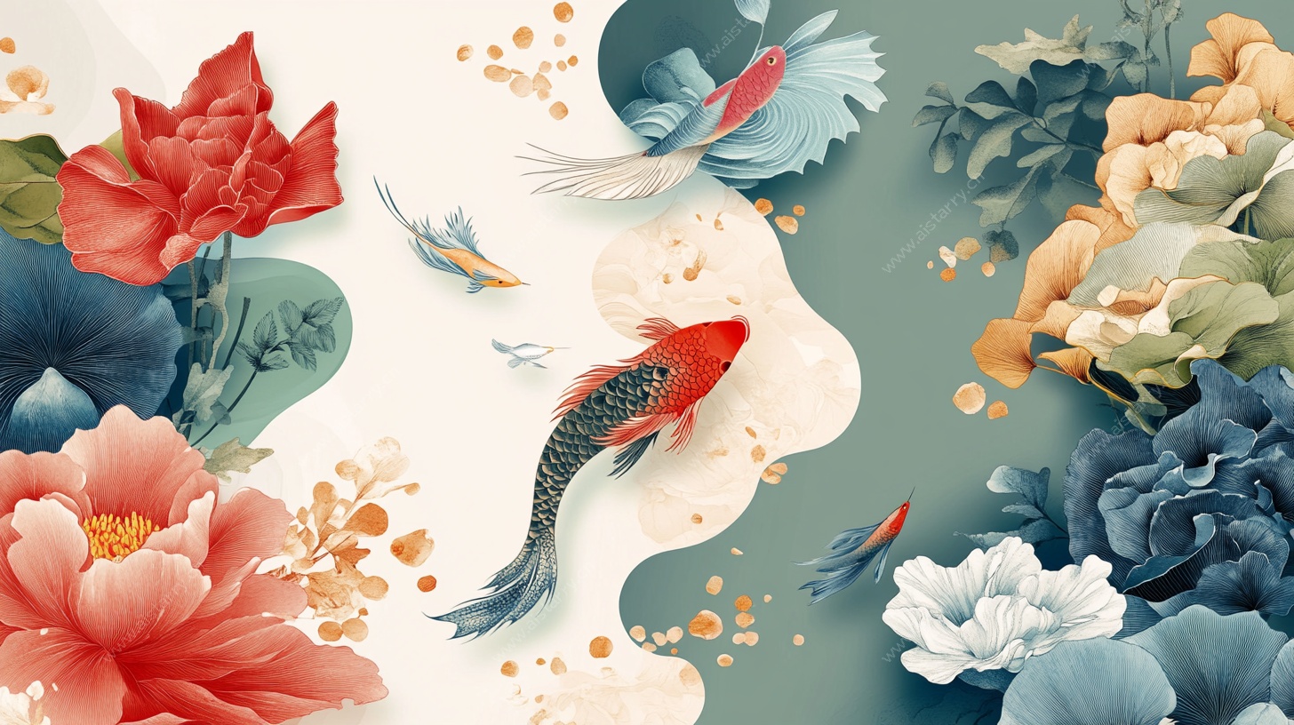 中式锦鲤花卉祥瑞图