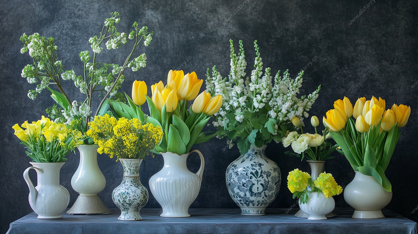 复古花瓶中的缤纷花卉