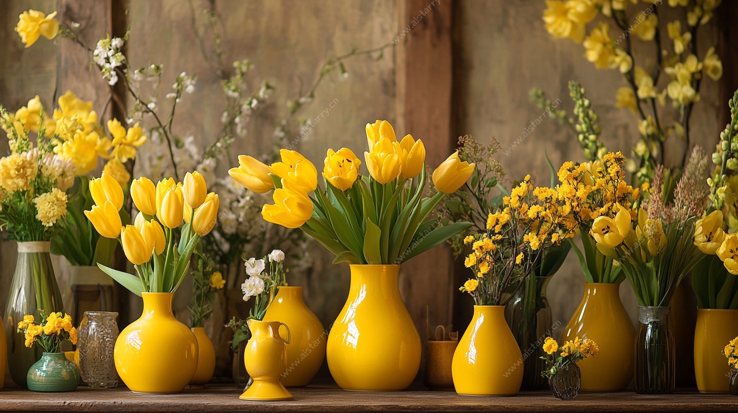 黄色花瓶中的多彩花卉组合