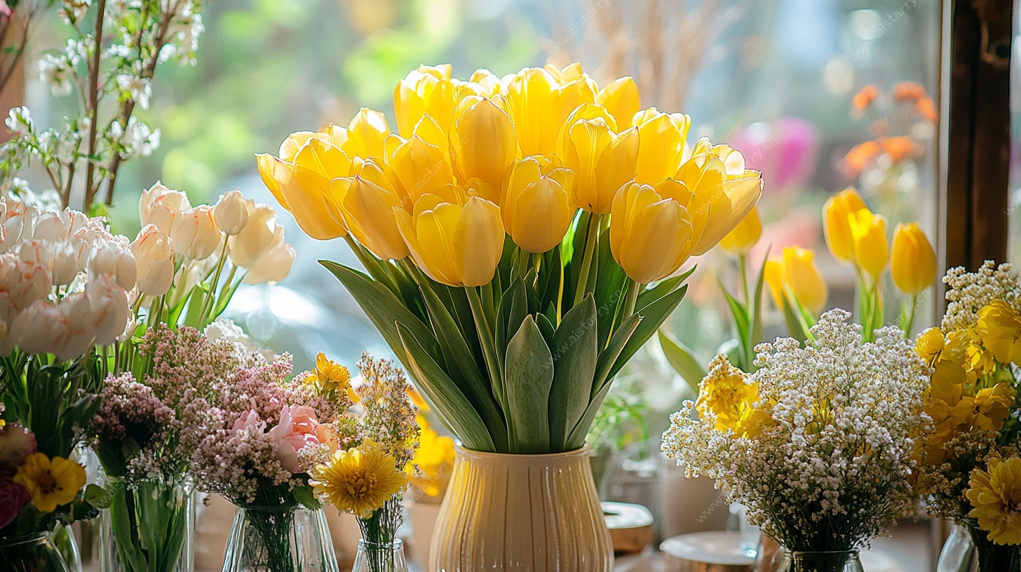 黄色郁金香花瓶插花组合