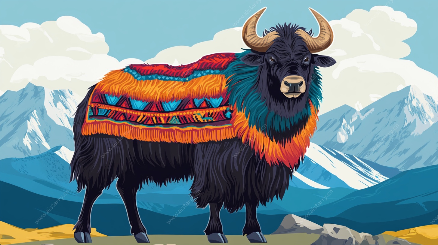 牦牛身披彩毯立雪山前
