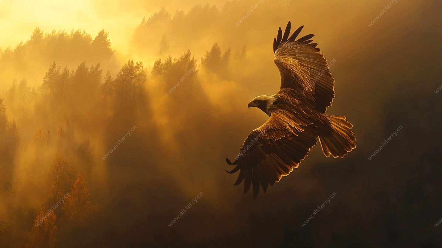 夕阳下雄鹰翱翔山林间