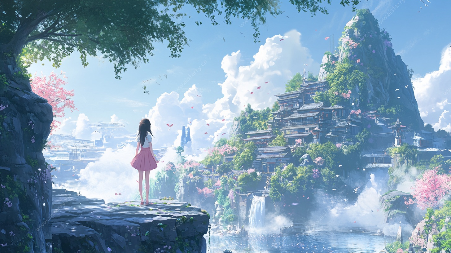 少女眺望奇幻山水景致