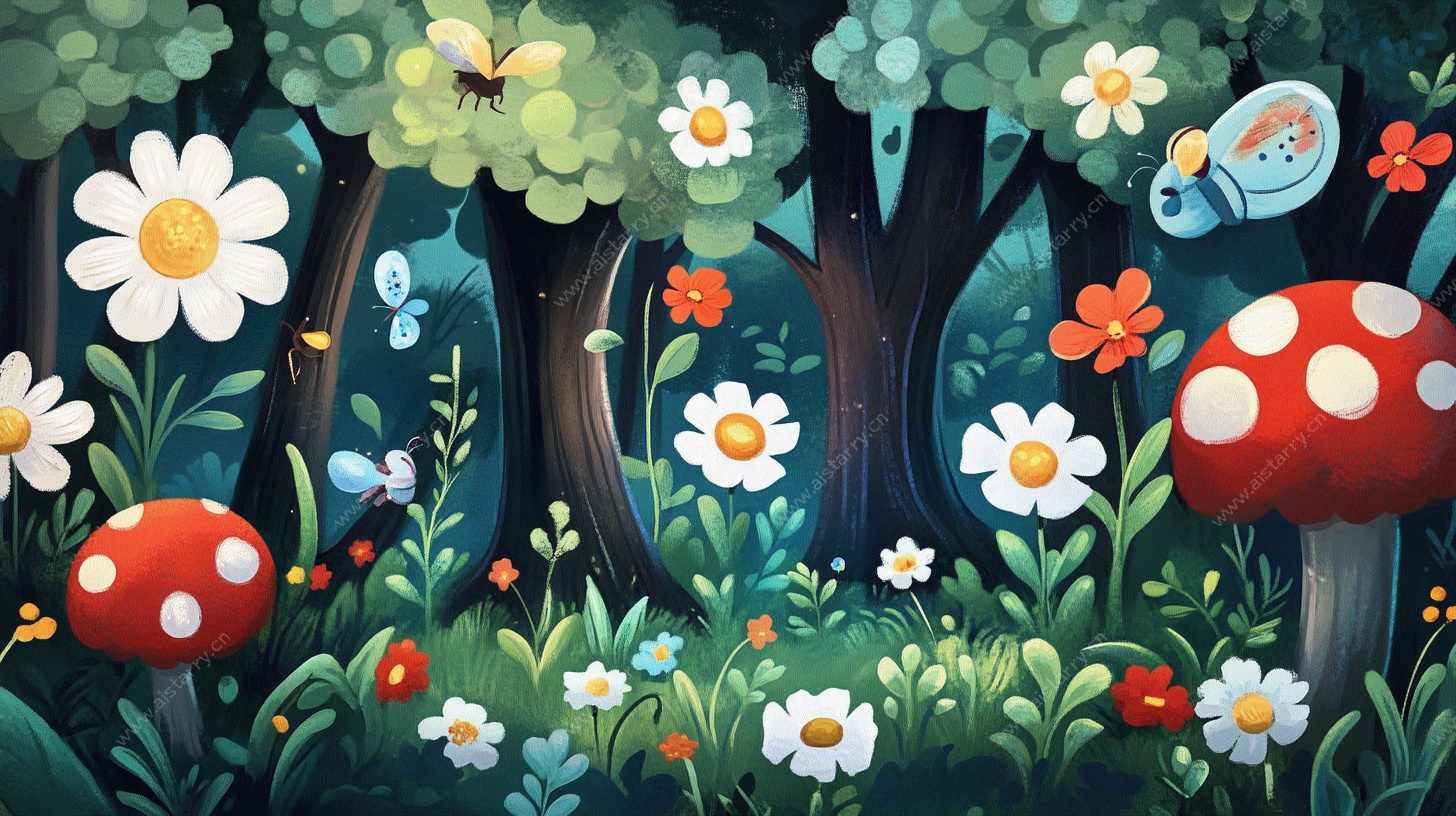 梦幻森林花草蘑菇插画