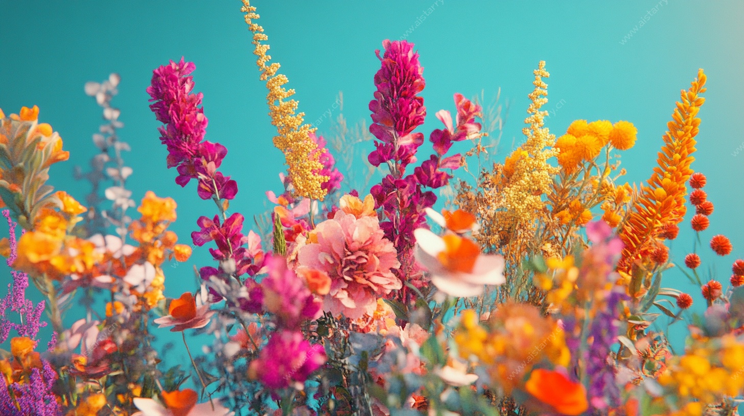 缤纷花卉装点梦幻蓝背景